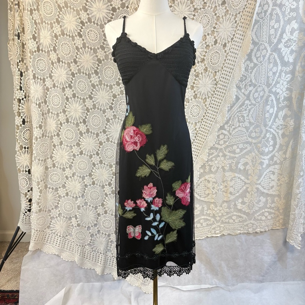 Sue Wong Black Floral Midi Dress